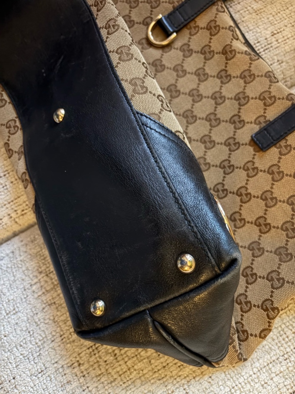 REPOSHING Gucci Brown GG Canvas Tote with Black Leather Trim - Picture 7 of 10